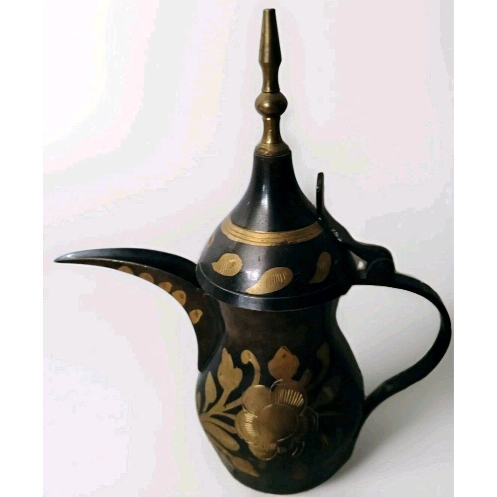 Vintage Arabic Dallah Coffee Pot Black Gold Etched Brass  Shabby Chic 7" As-is